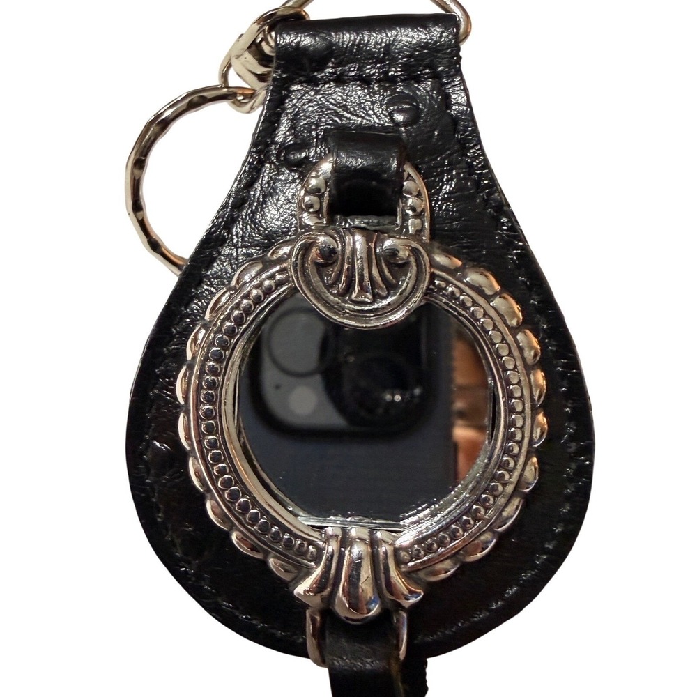 Leather Keychain Fob Mirror Black Silver Tone
